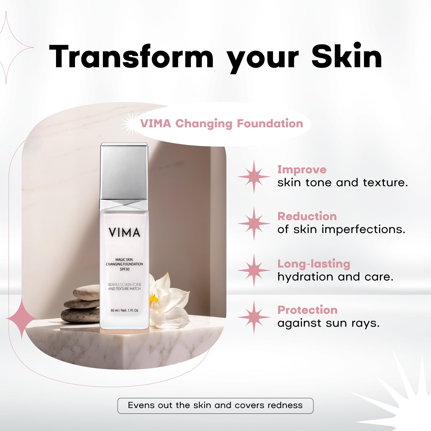 Color Changing Foundation with Sunscreen – Fragrance-free - Paraben-Free and Vegan Makeup – Lightweight, Long-Lasting Coverage – 1 fl oz