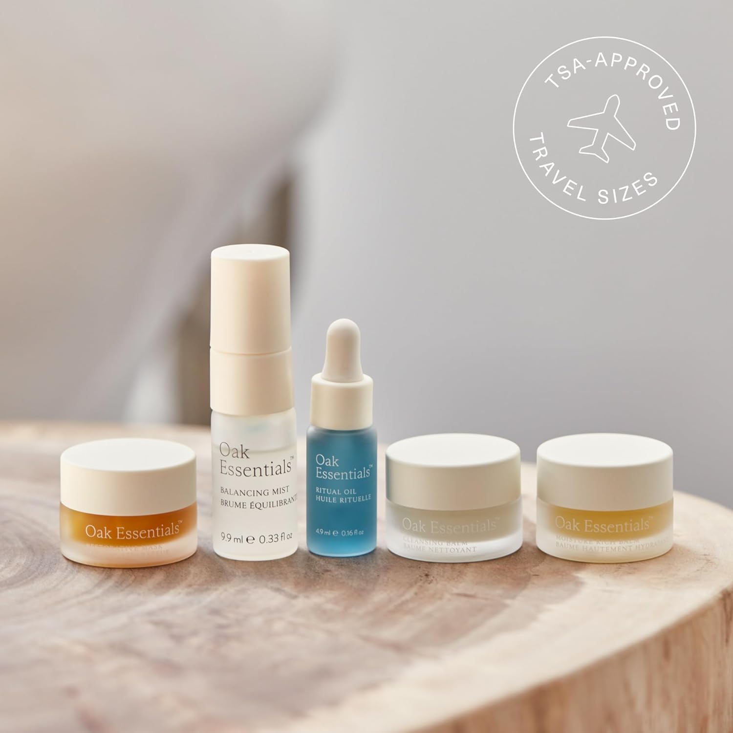 Oak Essentials Mini Routine | Clean Hydrating Travel-Size Set with Cleanser, Mask, Balm, Oil & Toner