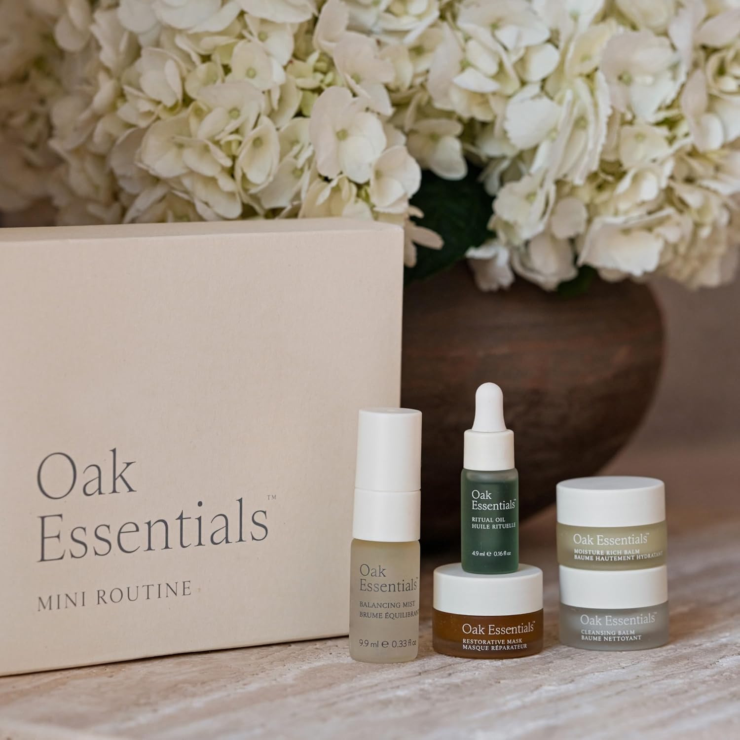 Oak Essentials Mini Routine | Clean Hydrating Travel-Size Set with Cleanser, Mask, Balm, Oil & Toner