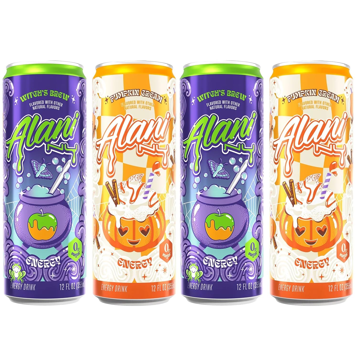 Witch's Brew & Pumpkin Cream Energy Drink Variety Pack, Sugar Free, Low Calorie, 12 fl oz, 4 Pack, Cans